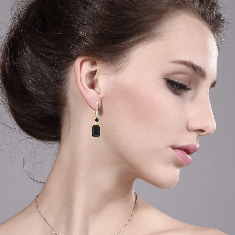 Gem Stone King 13.94 Cttw Black Onyx Dangle Earrings For Women | 18K Yellow Gold Plated Silver | Gemstone Birthstone | Emerald Cut 14X10MM - Image 4