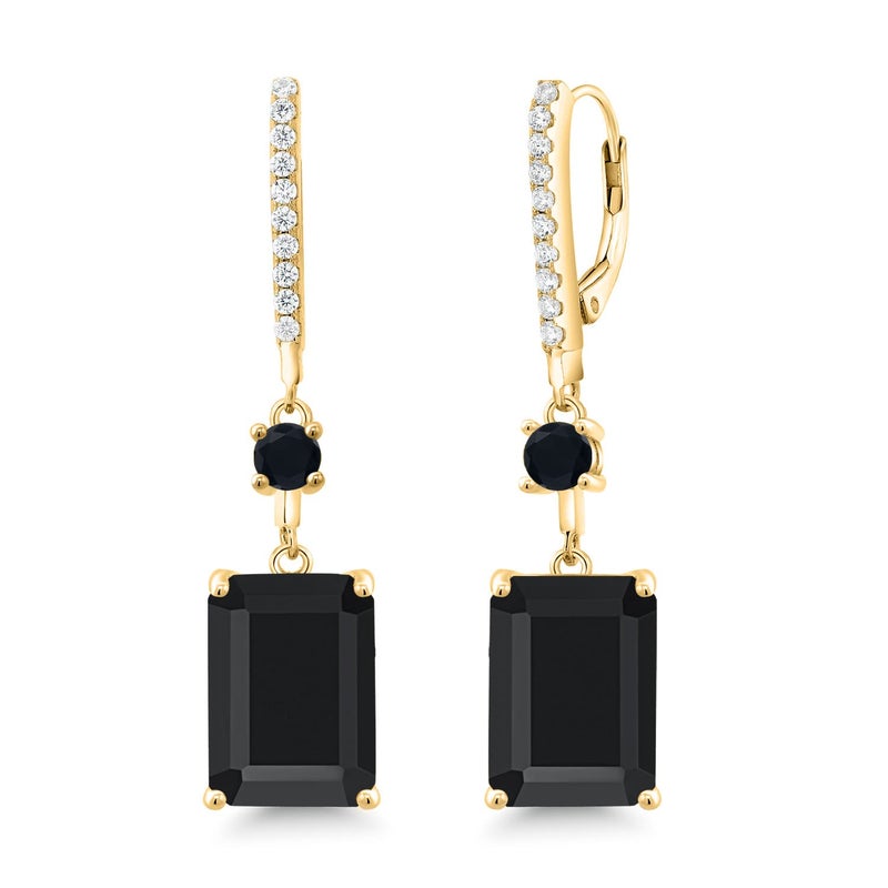 Gem Stone King 13.94 Cttw Black Onyx Dangle Earrings For Women | 18K Yellow Gold Plated Silver | Gemstone Birthstone | Emerald Cut 14X10MM - Image 1