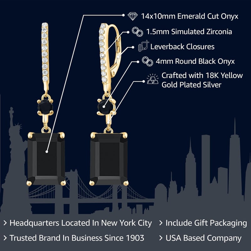 Gem Stone King 13.94 Cttw Black Onyx Dangle Earrings For Women | 18K Yellow Gold Plated Silver | Gemstone Birthstone | Emerald Cut 14X10MM - Image 2