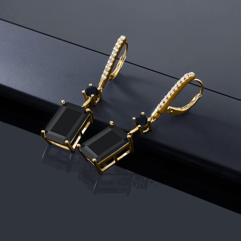 Gem Stone King 13.94 Cttw Black Onyx Dangle Earrings For Women | 18K Yellow Gold Plated Silver | Gemstone Birthstone | Emerald Cut 14X10MM - Image 5