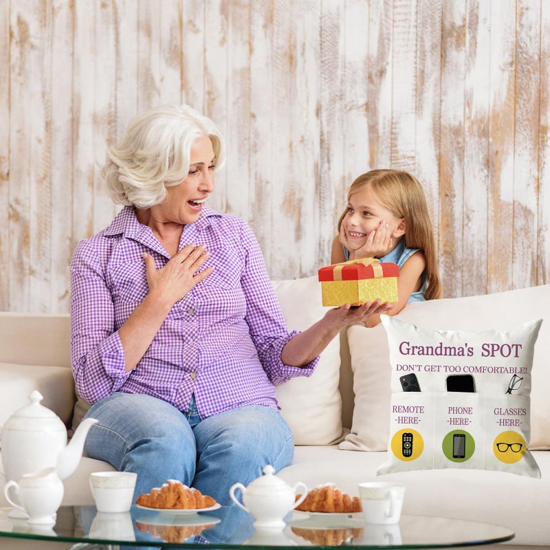 ONFAON Grandma Gifts  Grandma's Spot Throw Pillow Covers 18x18 Inch Put Phone Glasses and Remote Control Pillowcase Birthday Christmas hanksgiving Day Gifts for Grandma Mom 3-Pocket - Image 2