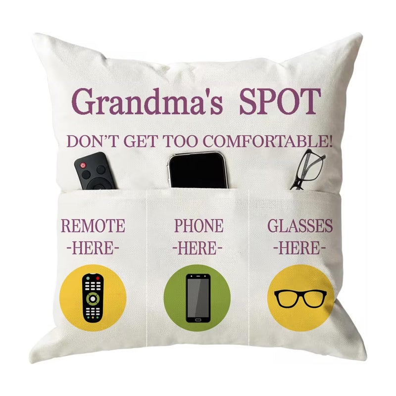 ONFAON Grandma Gifts  Grandma's Spot Throw Pillow Covers 18x18 Inch Put Phone Glasses and Remote Control Pillowcase Birthday Christmas hanksgiving Day Gifts for Grandma Mom 3-Pocket - Image 1