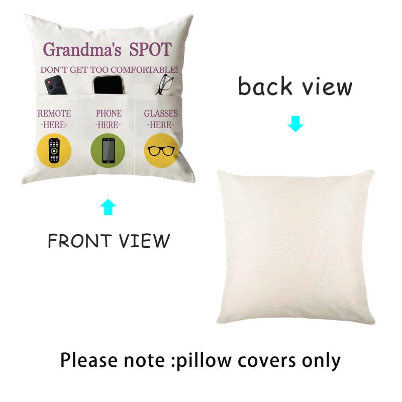 ONFAON Grandma Gifts  Grandma's Spot Throw Pillow Covers 18x18 Inch Put Phone Glasses and Remote Control Pillowcase Birthday Christmas hanksgiving Day Gifts for Grandma Mom 3-Pocket - Image 4
