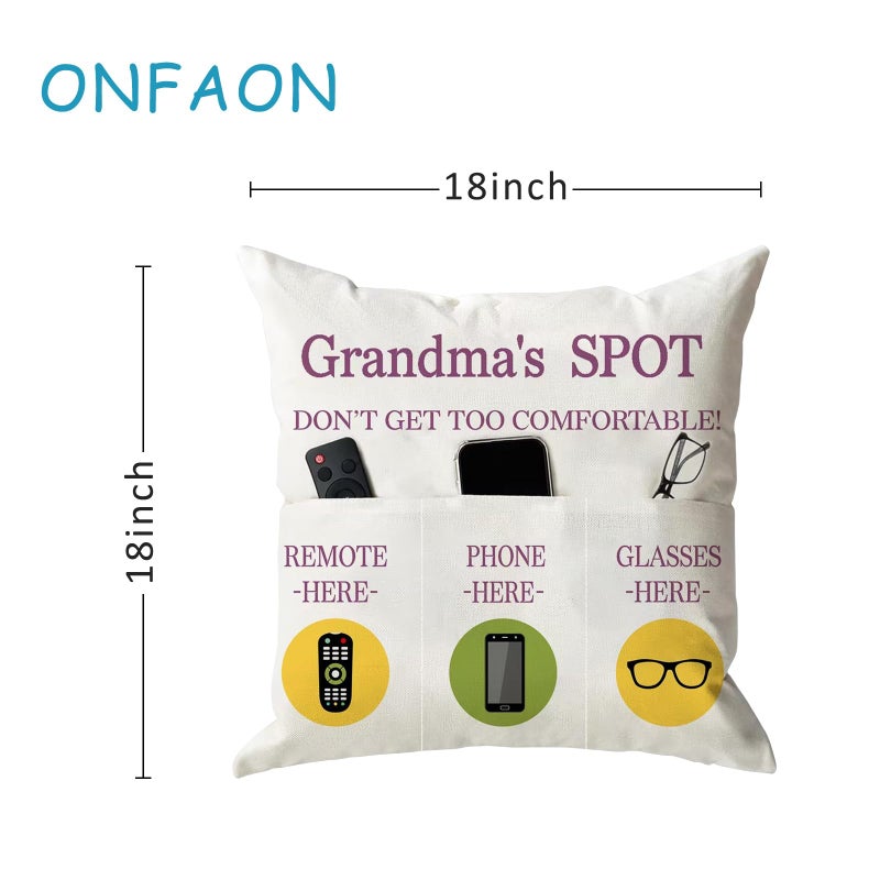 ONFAON Grandma Gifts  Grandma's Spot Throw Pillow Covers 18x18 Inch Put Phone Glasses and Remote Control Pillowcase Birthday Christmas hanksgiving Day Gifts for Grandma Mom 3-Pocket - Image 3