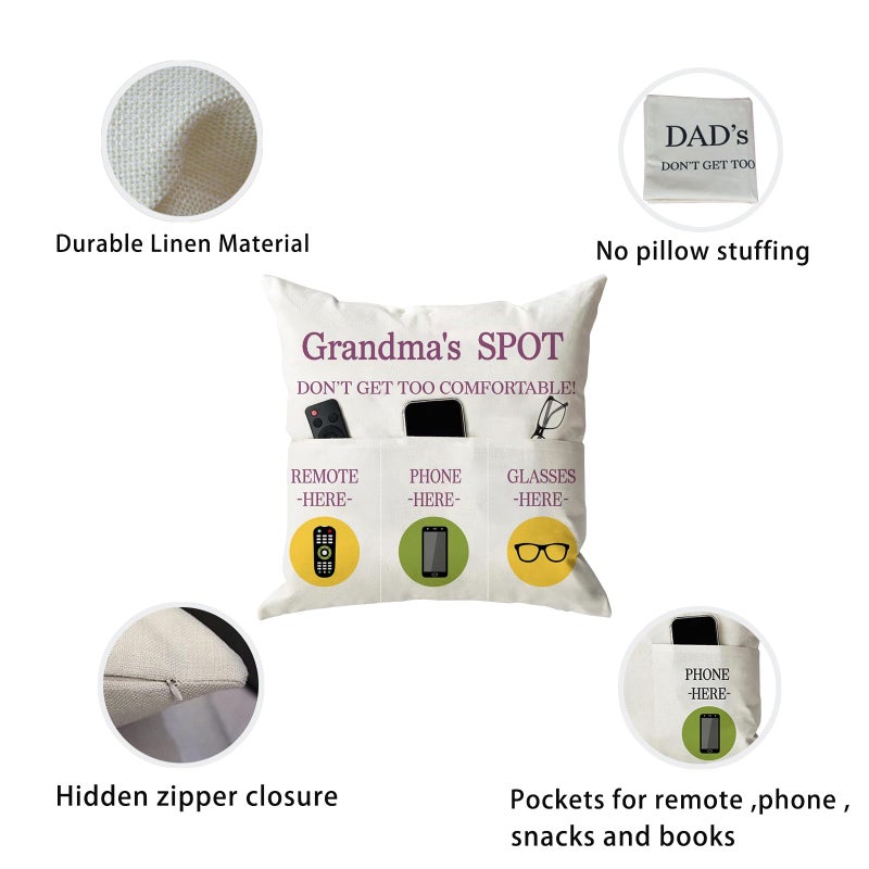 ONFAON Grandma Gifts  Grandma's Spot Throw Pillow Covers 18x18 Inch Put Phone Glasses and Remote Control Pillowcase Birthday Christmas hanksgiving Day Gifts for Grandma Mom 3-Pocket - Image 5