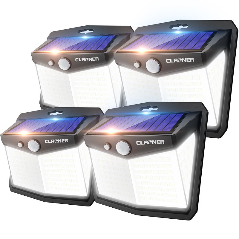 CLAONER Solar Lights Outdoor 128 LED4 Packs Solar Motion Sensor Lights 3 Working Modes Outdoor Lights with 270 Wide Angle Wireless IP65 Waterproof Security Light for Fence Patio Cold White