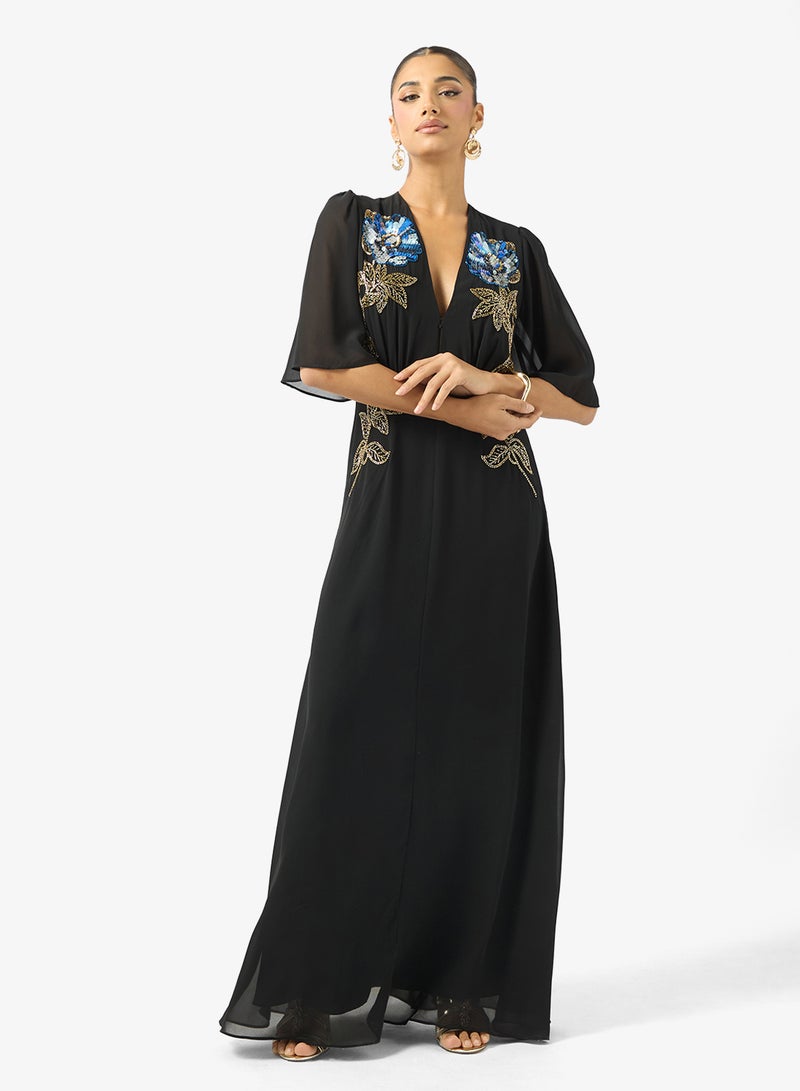 Hope & Ivy Plunge Front Embellished   Flutter Sleeve Maxi Dress - Image 1