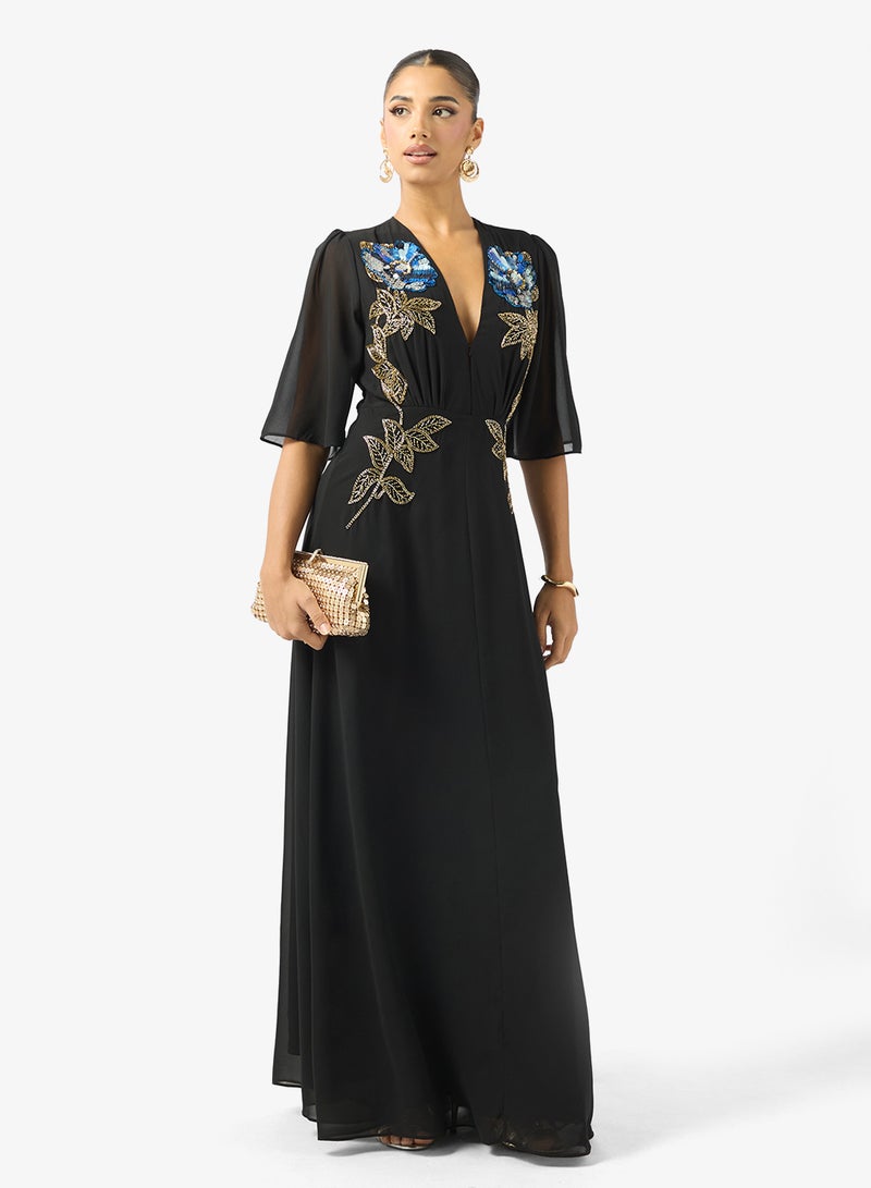 Hope & Ivy Plunge Front Embellished   Flutter Sleeve Maxi Dress - Image 4