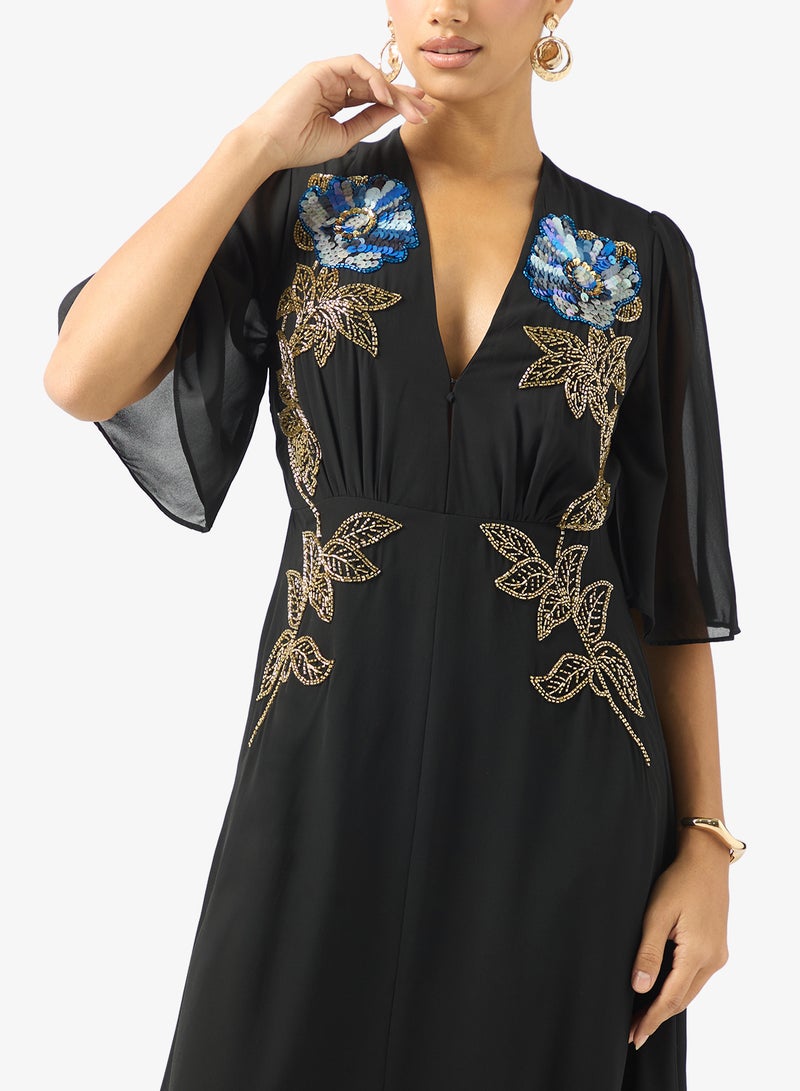 Hope & Ivy Plunge Front Embellished   Flutter Sleeve Maxi Dress - Image 3