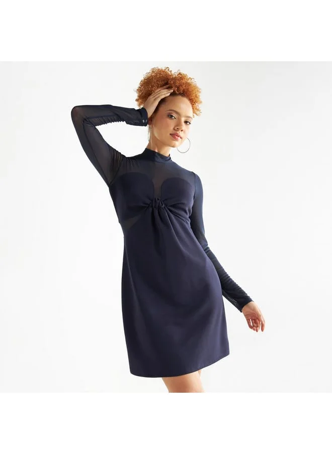 FAV Solid Mini Shift Dress with High Neck and Long Sleeves