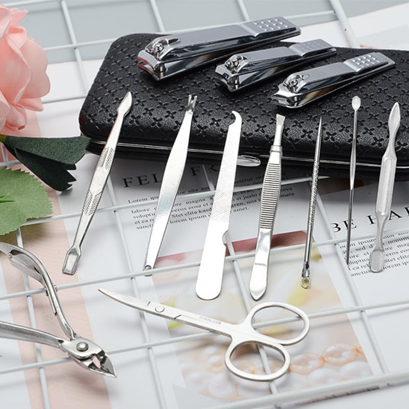 Manufacturers wholesale stainless steel nail scissors manicure knife nail clippers dead skin eyebrow scissors tool manicure set Black Square Leather Case Nail Clippers 12-Piece Set - Image 2