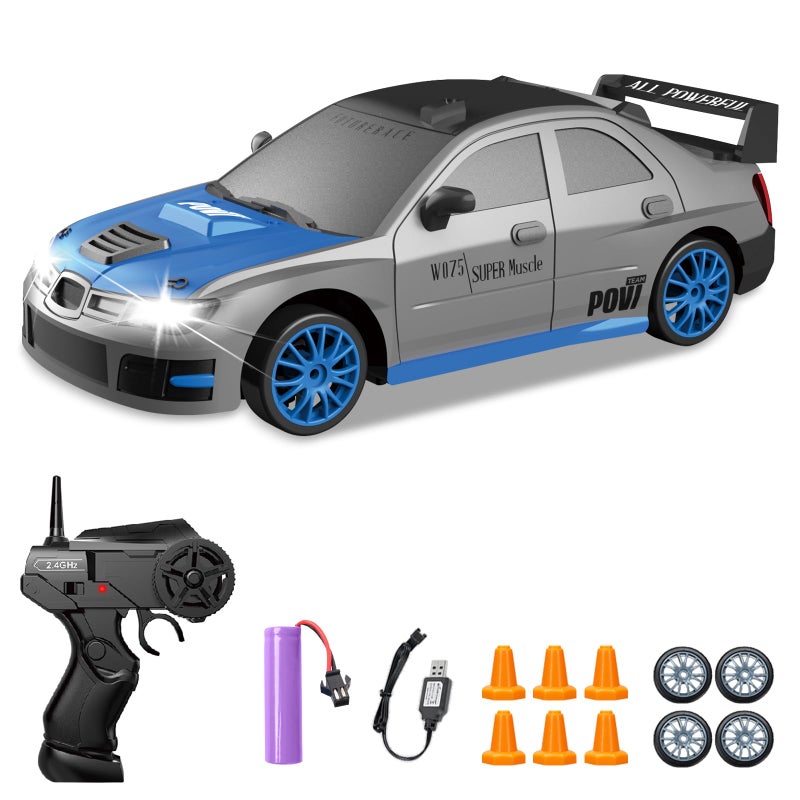 Yuan Plan Remote Control Car  1/24 2.4Ghz 4Wd Rc Drift Car High Speed Rc Cars With Cool Lights  Rechargeable Battery And Extra Tires Toys For Kids (Grey) - Image 1