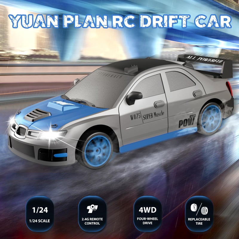 Yuan Plan Remote Control Car  1/24 2.4Ghz 4Wd Rc Drift Car High Speed Rc Cars With Cool Lights  Rechargeable Battery And Extra Tires Toys For Kids (Grey) - Image 2
