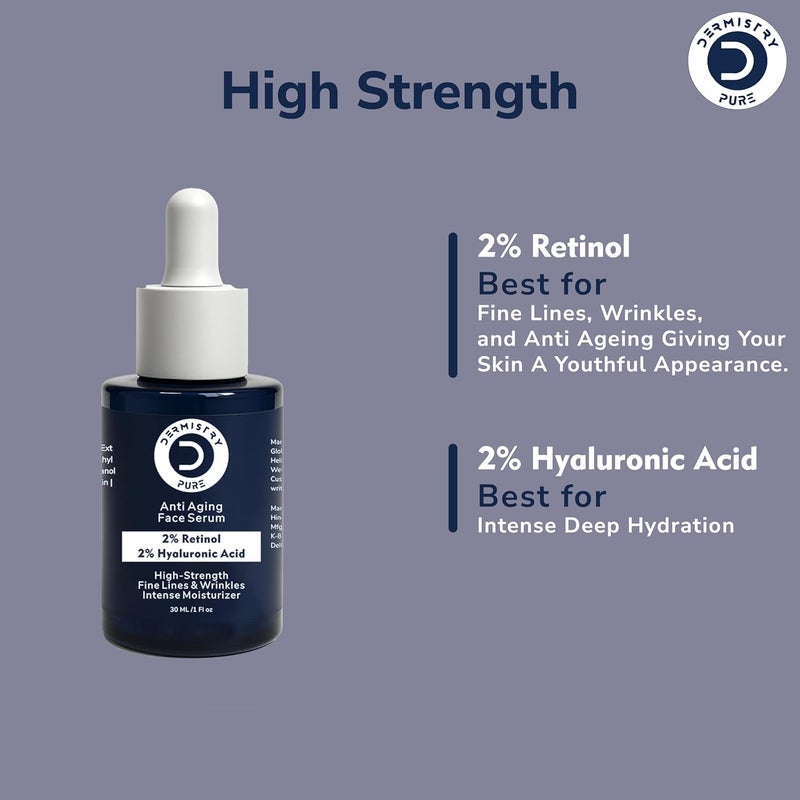 Dermistry Pure 2 Retinol 2 Hyaluronic Acid Aging Protect Collagen Boost Skin Firming Tightening Moisturizer Face Serum for Ageing Fine Lines Wrinkles Suits Oily Dry Skin Day Night Men Women 30ml - Image 2