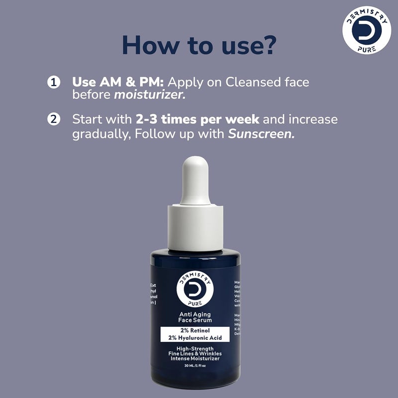 Dermistry Pure 2 Retinol 2 Hyaluronic Acid Aging Protect Collagen Boost Skin Firming Tightening Moisturizer Face Serum for Ageing Fine Lines Wrinkles Suits Oily Dry Skin Day Night Men Women 30ml - Image 5