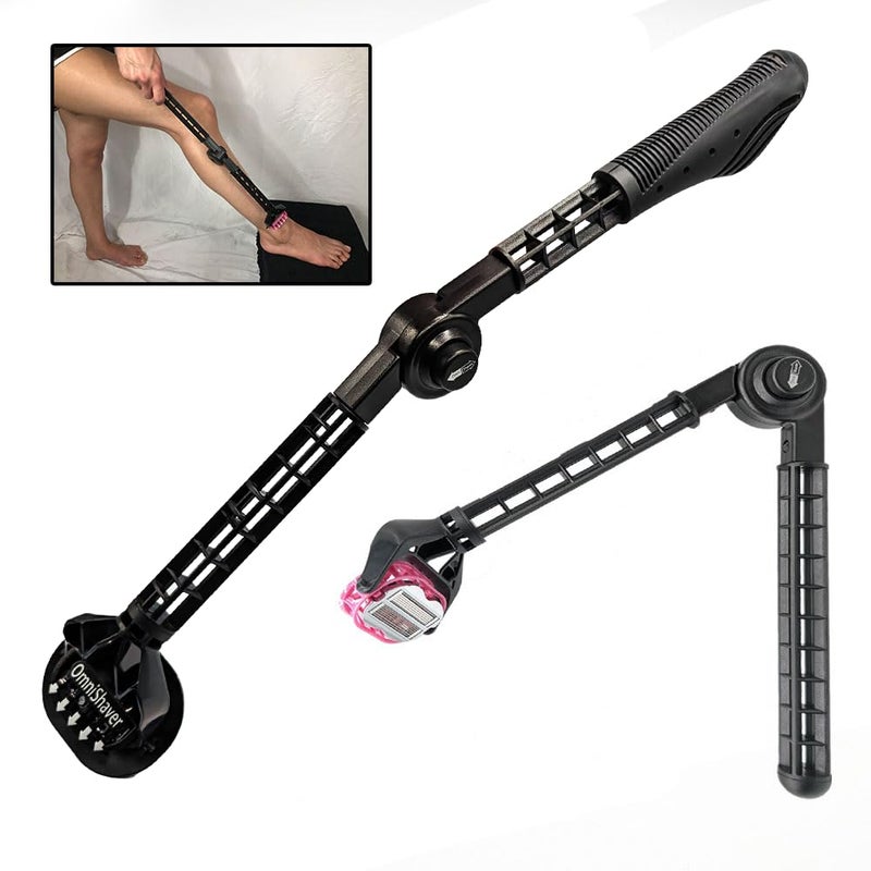 OmniShaver Extender Handle Full Body Shaver for Men Women with 20 Extension Holder Adjustable Foldable Includes Detachable Lotion Applicator for Back Legs Arms Articulating Head Black