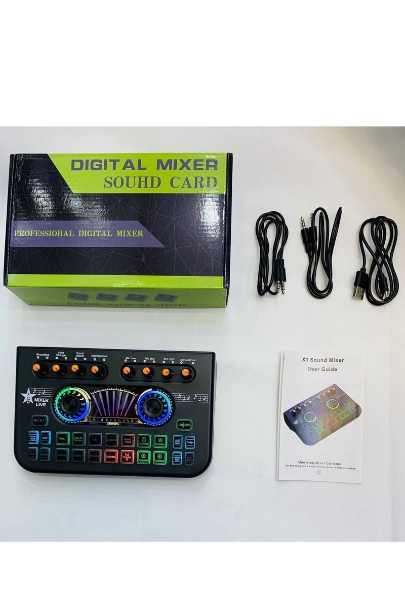 X3 Live Voice Mixer وحدة التحكم بواجهة الصوت وميكروفون مباشر بطاقة الصوت لتسجيل بث الهاتف الذكي - Image 1