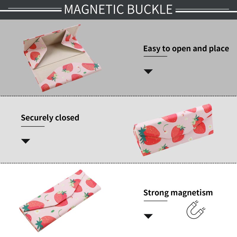 FlyingMage Foldable Glasses Holder Hard Shell Eyeglasses Case Fashion PU Leather Sunglasses Protective Cover (Pink Strawberry) - Image 3