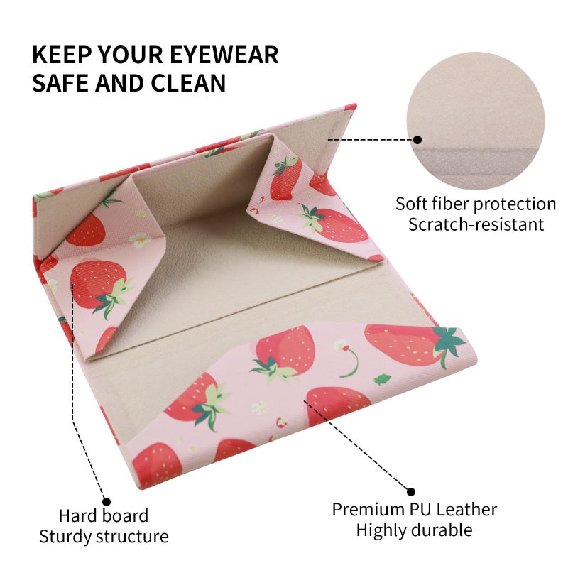 FlyingMage Foldable Glasses Holder Hard Shell Eyeglasses Case Fashion PU Leather Sunglasses Protective Cover (Pink Strawberry) - Image 5