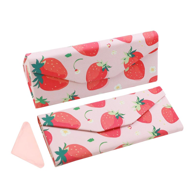 FlyingMage Foldable Glasses Holder Hard Shell Eyeglasses Case Fashion PU Leather Sunglasses Protective Cover (Pink Strawberry) - Image 1