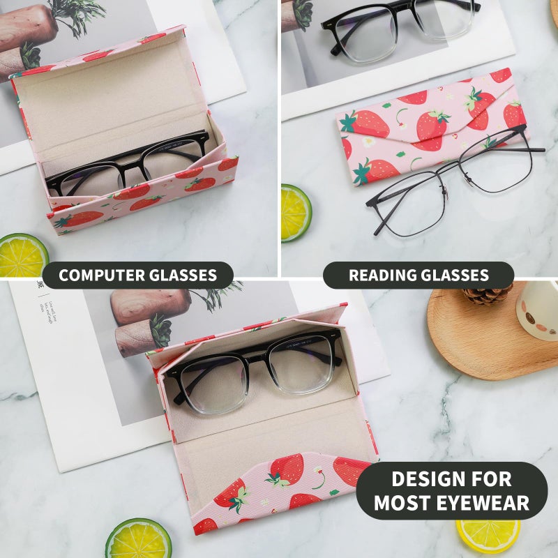 FlyingMage Foldable Glasses Holder Hard Shell Eyeglasses Case Fashion PU Leather Sunglasses Protective Cover (Pink Strawberry) - Image 2