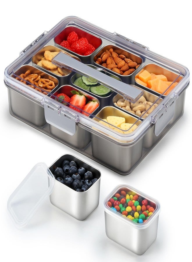 shell and turtle Snackle Box Container, Stainless Steel Snack Containers for Adults, 9 Compartments Divided Serving Tray with Lids and Handle, Portable Snack Platter for Parties, Grey - Image 1