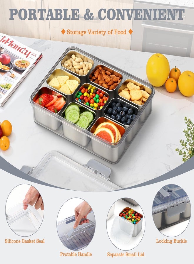 shell and turtle Snackle Box Container, Stainless Steel Snack Containers for Adults, 9 Compartments Divided Serving Tray with Lids and Handle, Portable Snack Platter for Parties, Grey - Image 4
