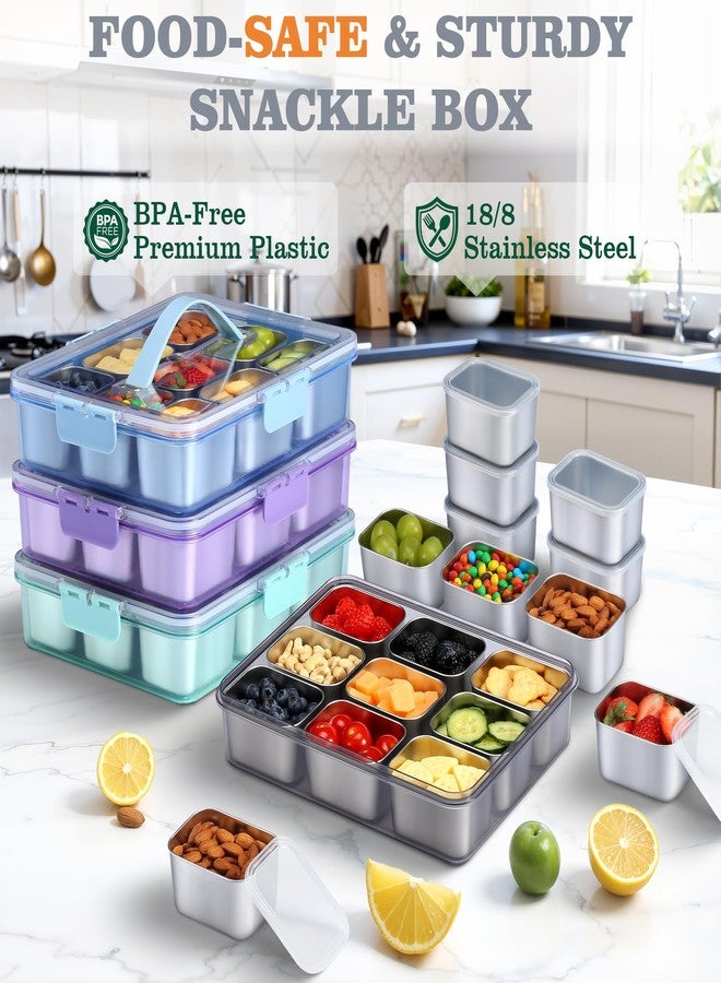 shell and turtle Snackle Box Container, Stainless Steel Snack Containers for Adults, 9 Compartments Divided Serving Tray with Lids and Handle, Portable Snack Platter for Parties, Grey - Image 3
