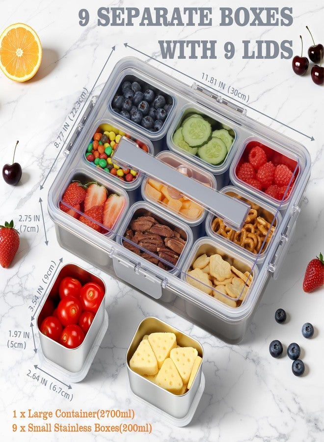 shell and turtle Snackle Box Container, Stainless Steel Snack Containers for Adults, 9 Compartments Divided Serving Tray with Lids and Handle, Portable Snack Platter for Parties, Grey - Image 2