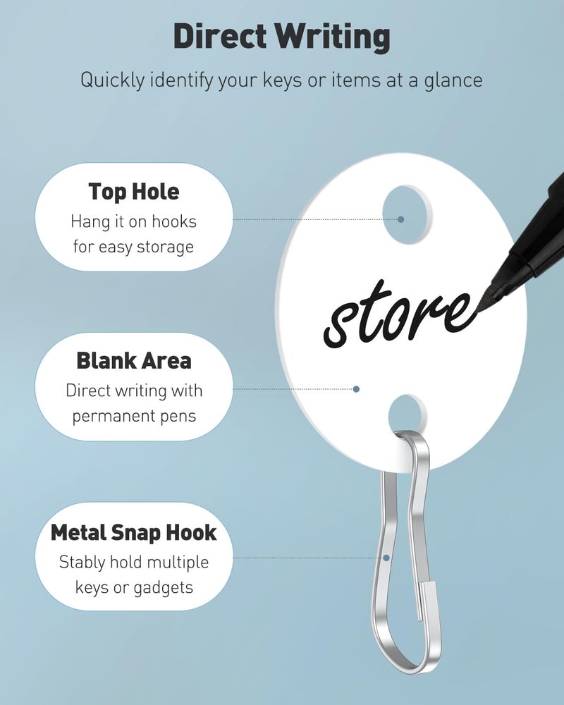Uniclife 50 Pcs Key Tags 1 Inch Plastic Key Chain Tags with Metal Snap Hooks Double-Sided Writable White Tags Sturdy Key Item Identifiers for Home and Office - Image 2
