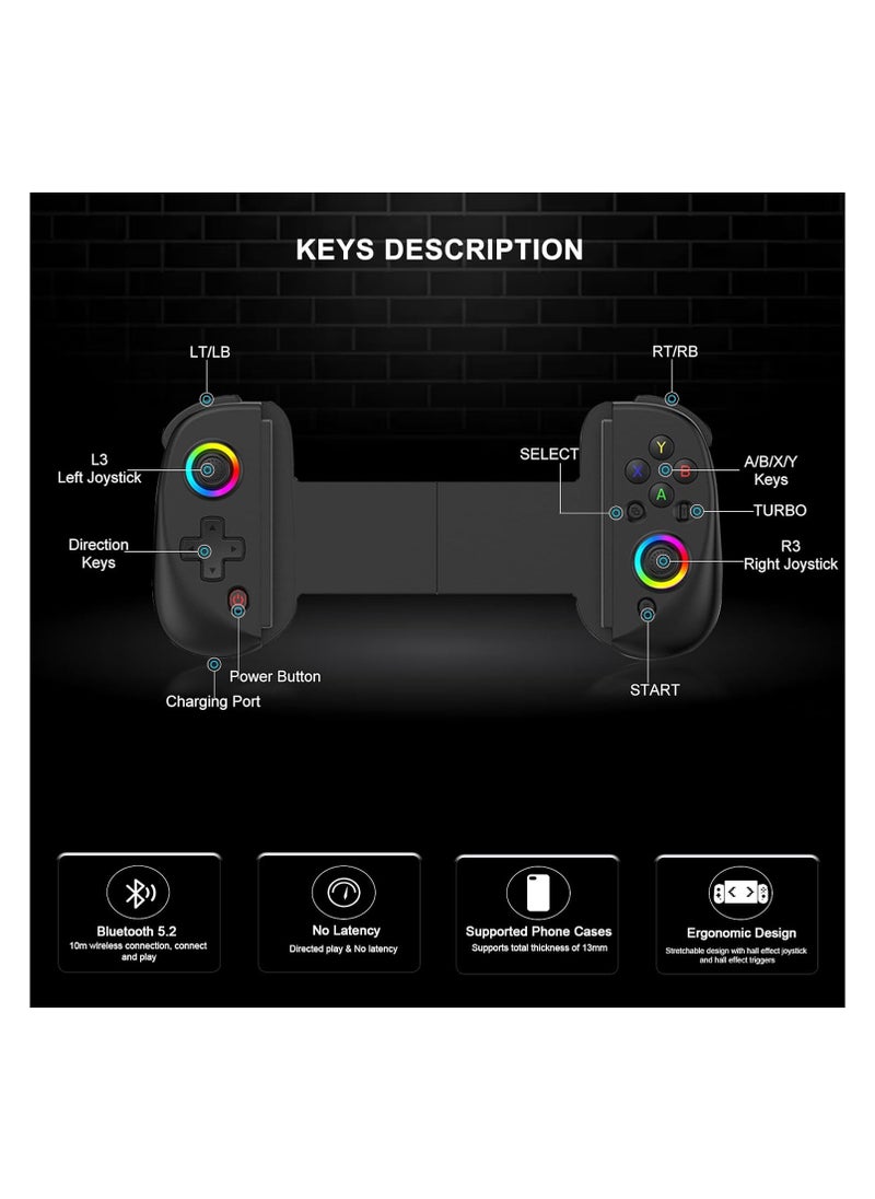 Mobile Gaming Controller – Wireless Gamepad for iPad/Tablet (5-10”) | RGB Hall Effect Joystick, Turbo, 6-Axis Gyro, Vibration, Compatible with iPhone/Android/PC/Switch/PS4 | Supports Streaming & Cloud Gaming