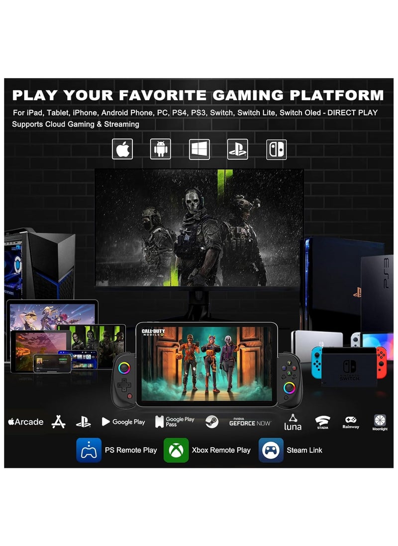 Mobile Gaming Controller – Wireless Gamepad for iPad/Tablet (5-10”) | RGB Hall Effect Joystick, Turbo, 6-Axis Gyro, Vibration, Compatible with iPhone/Android/PC/Switch/PS4 | Supports Streaming & Cloud Gaming