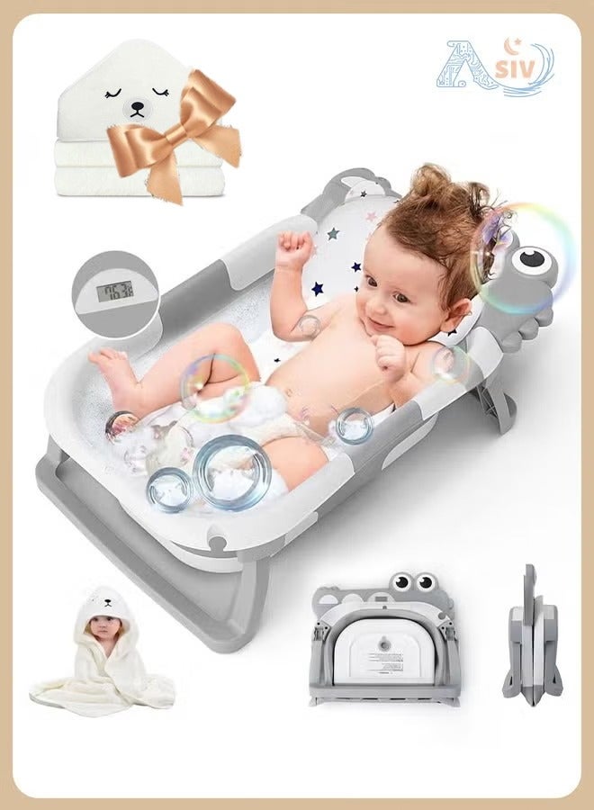 أسيف حمام أطفال قابل للطي مع منشفة ذات غطاء، وترمومتر، وسادة عائمة ناعمة، تصميم موفر للمساحة مع وظيفة تصريف، مناسب للأطفال من عمر 0 إلى 36 شهرًا. - Image 1