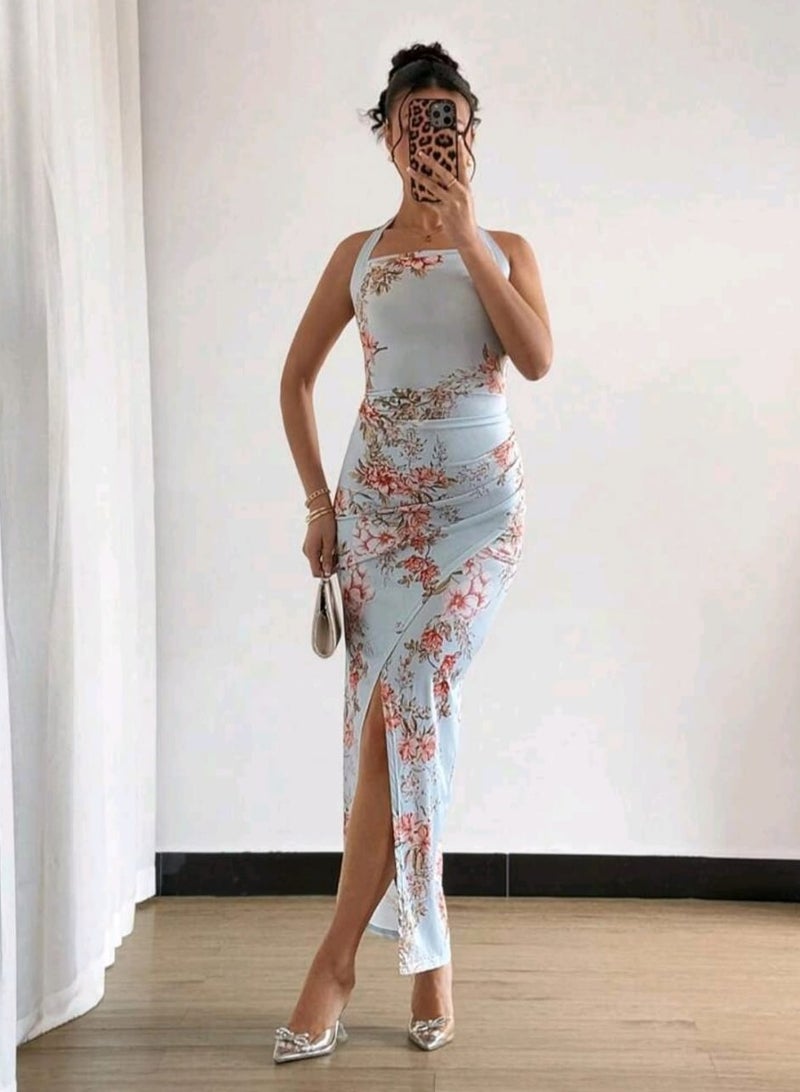 SHEIN Random Print Embroidered Texture Decor Ladies' Ruffled Hollow-Out Long Dress - Image 3