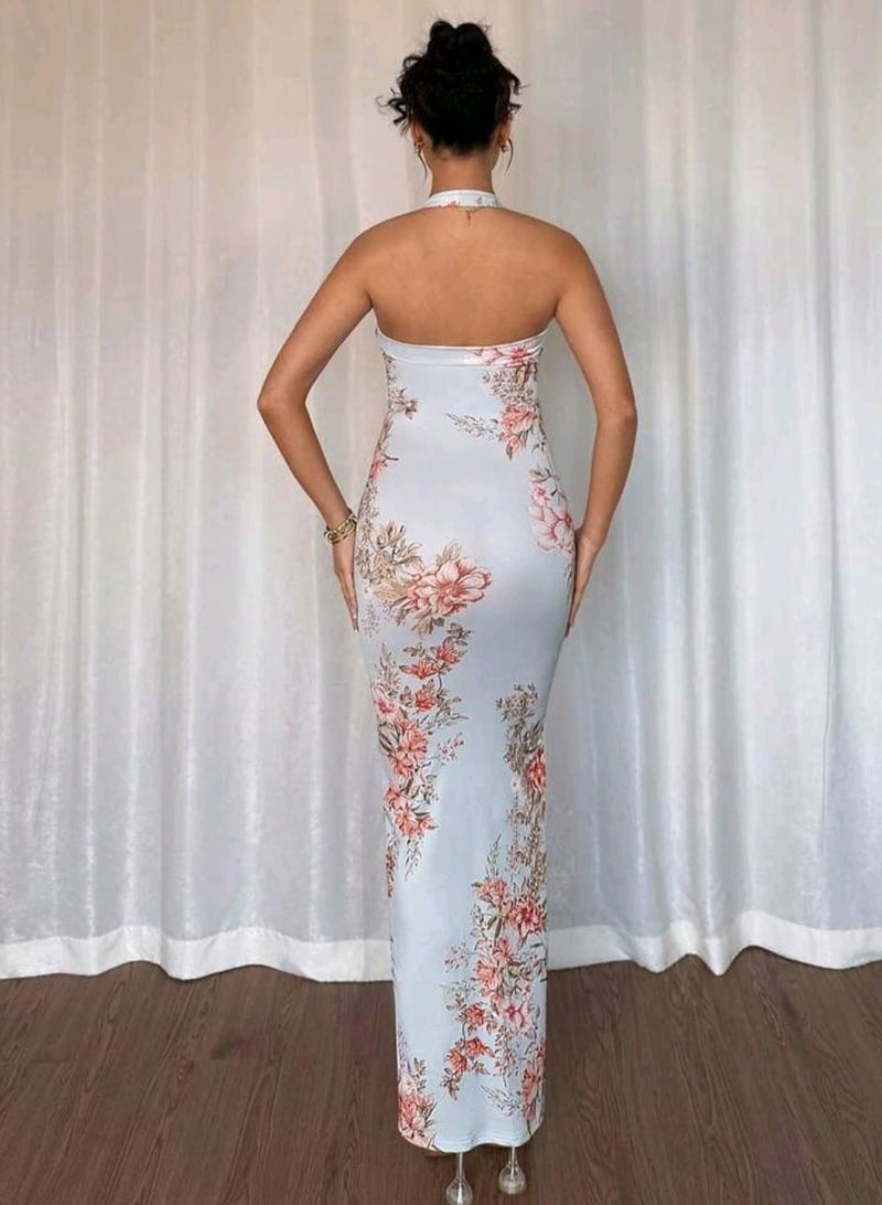 SHEIN Random Print Embroidered Texture Decor Ladies' Ruffled Hollow-Out Long Dress - Image 4