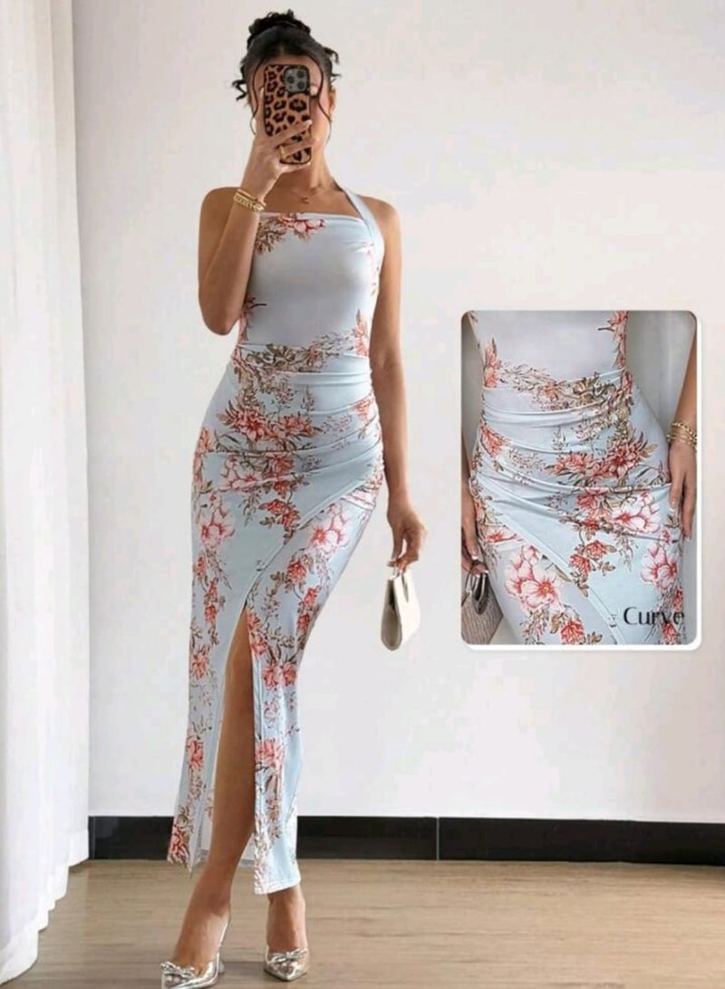 SHEIN Random Print Embroidered Texture Decor Ladies' Ruffled Hollow-Out Long Dress - Image 5