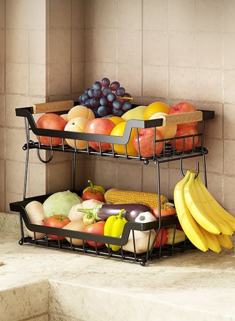LOOPITYS 2 Tier Fruit basket with 2 hook, Detachable metal countertop Organizer basket for Bread Vegetable Fruits with Wooden Handle, Large Capacity Rectangular Storage Stand Bowls , suitable Kitchen、living room and bathroom（Black） - Image 1