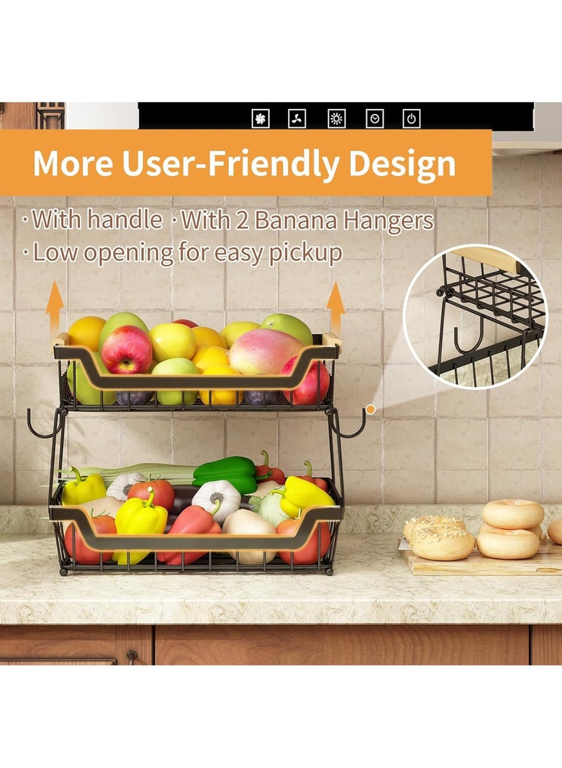 LOOPITYS 2 Tier Fruit basket with 2 hook, Detachable metal countertop Organizer basket for Bread Vegetable Fruits with Wooden Handle, Large Capacity Rectangular Storage Stand Bowls , suitable Kitchen、living room and bathroom（Black） - Image 5