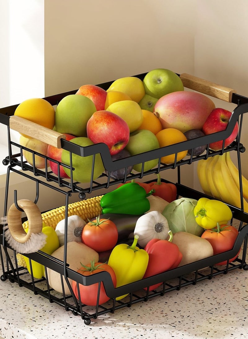 LOOPITYS 2 Tier Fruit basket with 2 hook, Detachable metal countertop Organizer basket for Bread Vegetable Fruits with Wooden Handle, Large Capacity Rectangular Storage Stand Bowls , suitable Kitchen、living room and bathroom（Black） - Image 3