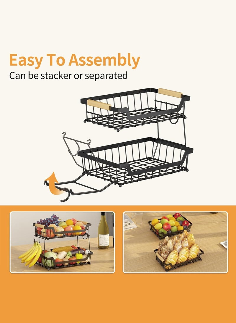 LOOPITYS 2 Tier Fruit basket with 2 hook, Detachable metal countertop Organizer basket for Bread Vegetable Fruits with Wooden Handle, Large Capacity Rectangular Storage Stand Bowls , suitable Kitchen、living room and bathroom（Black） - Image 2