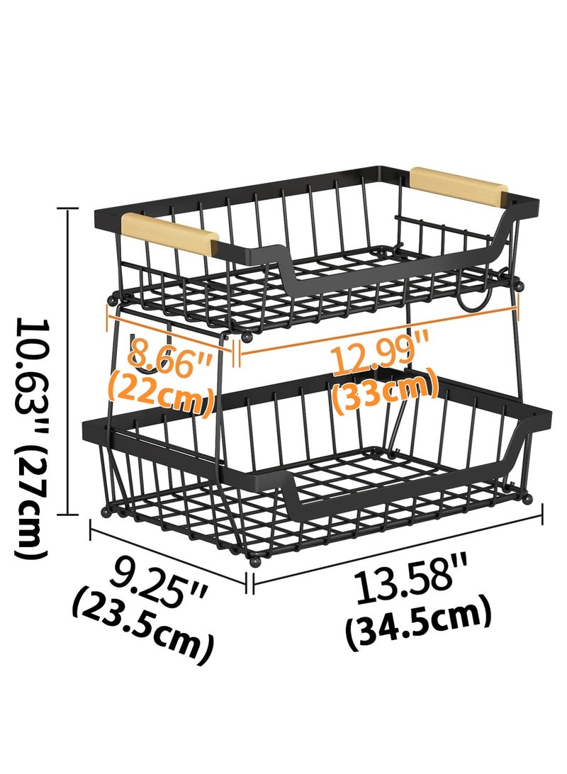LOOPITYS 2 Tier Fruit basket with 2 hook, Detachable metal countertop Organizer basket for Bread Vegetable Fruits with Wooden Handle, Large Capacity Rectangular Storage Stand Bowls , suitable Kitchen、living room and bathroom（Black） - Image 4