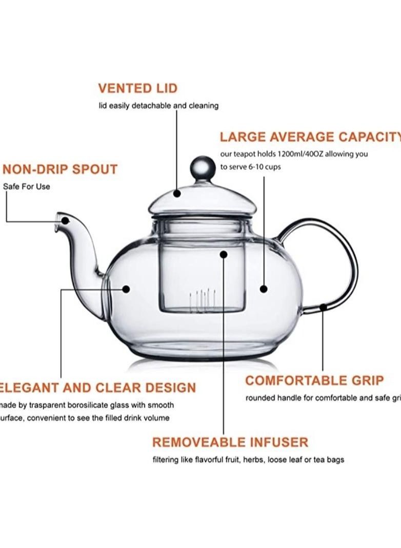 Tealand Dishwasher Safe Heat Resistant Glass Teapot with Removable Glass Infuser for Loose Tea and Tea Maker (1.2 Liters) - Image 2