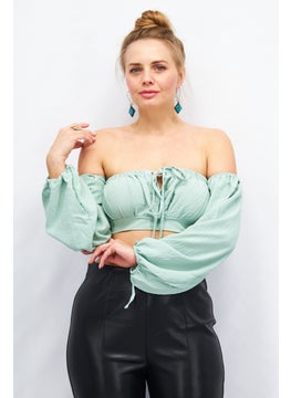 FEMME LUXE Women Off Shoulder Puffed Sleeves Textured Crop Top ,Sage Green  - Image 1