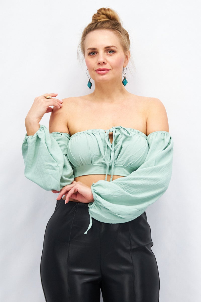 FEMME LUXE Women Off Shoulder Puffed Sleeves Textured Crop Top ,Sage Green - Image 1
