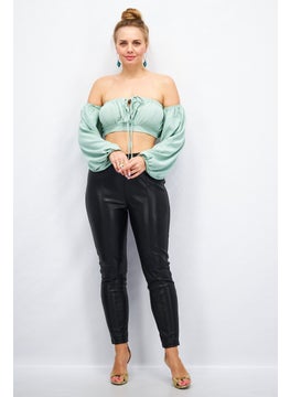 FEMME LUXE Women Off Shoulder Puffed Sleeves Textured Crop Top ,Sage Green  - Image 4