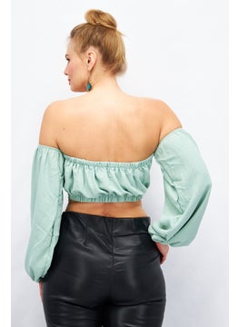 FEMME LUXE Women Off Shoulder Puffed Sleeves Textured Crop Top ,Sage Green  - Image 3