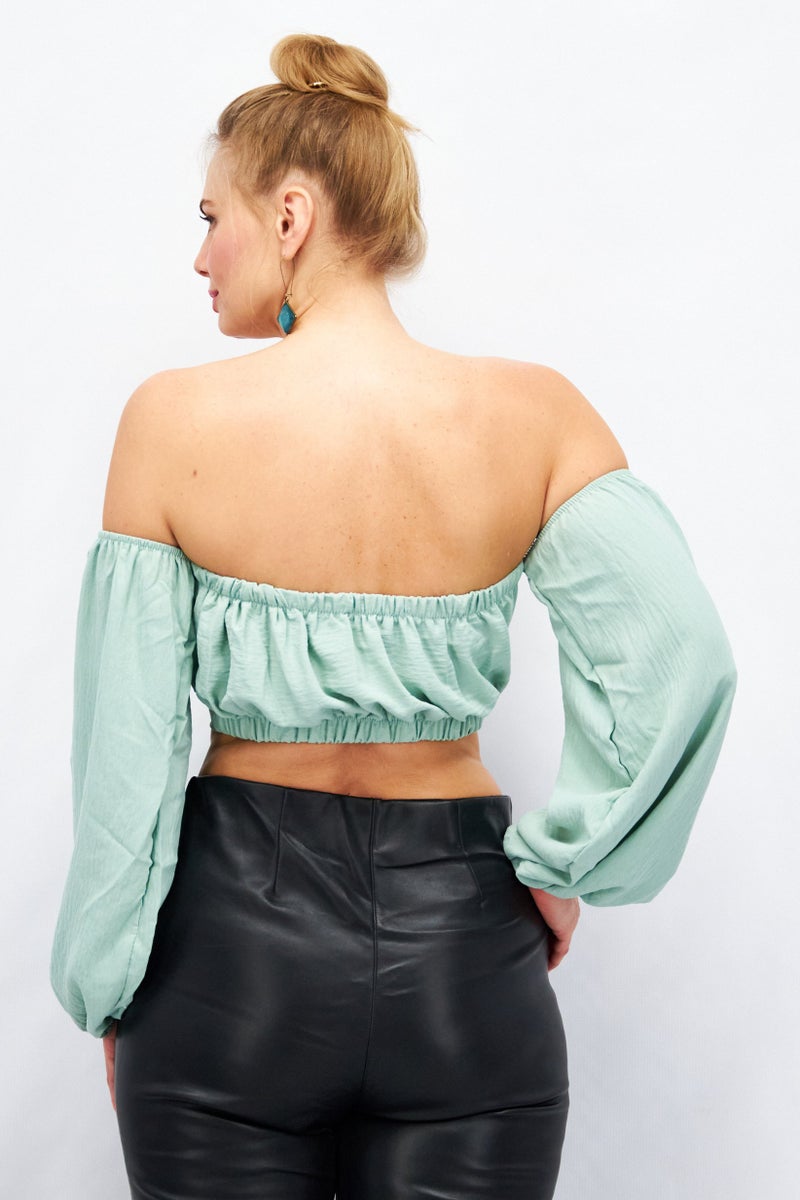 FEMME LUXE Women Off Shoulder Puffed Sleeves Textured Crop Top ,Sage Green - Image 3