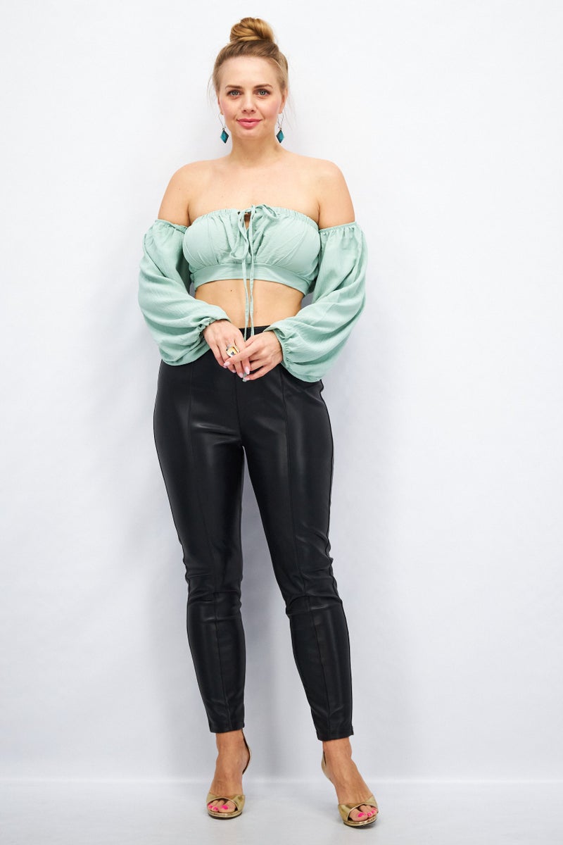 FEMME LUXE Women Off Shoulder Puffed Sleeves Textured Crop Top ,Sage Green - Image 4