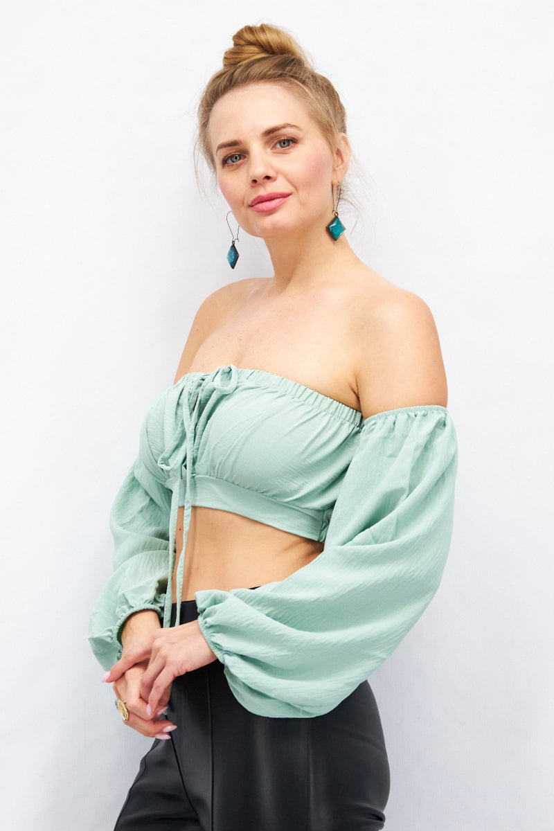 FEMME LUXE Women Off Shoulder Puffed Sleeves Textured Crop Top ,Sage Green - Image 2