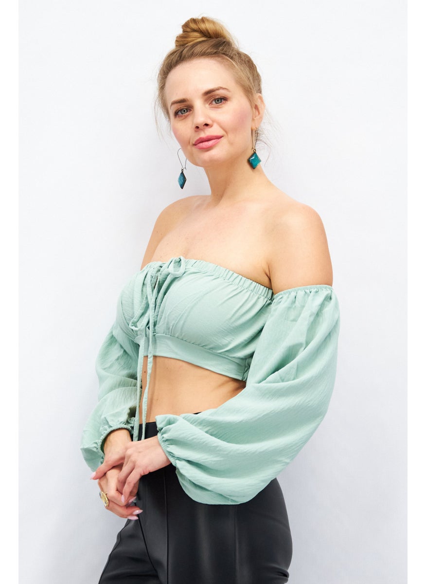 Women Off Shoulder Puffed Sleeves Textured Crop Top ,Sage Green - pzsku/Z8BEE3BC1BCEF41F21AB4Z/45/_/1733148589/ce533ee5-8e35-4b14-9316-bf60893aa7d2